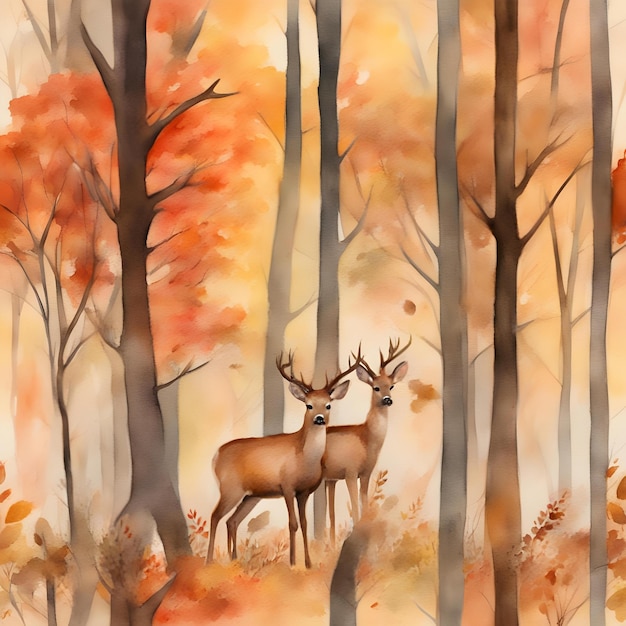 Foto acquerello dipinto cervo nella foresta d'autunno