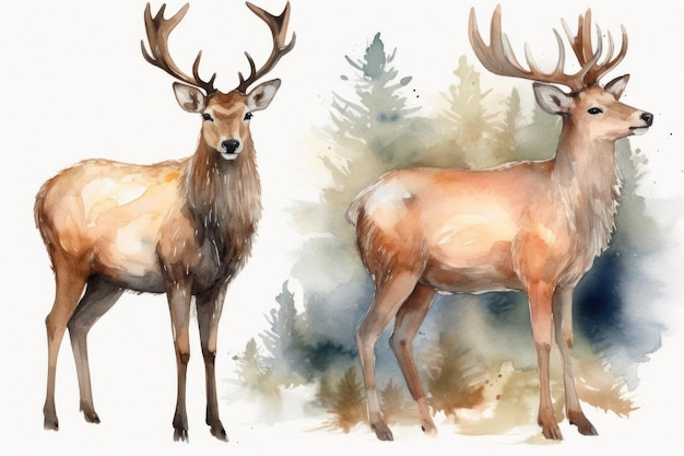 A watercolor painting of a deer and a forest background.