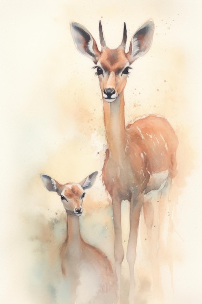 A watercolor painting of a deer and her fawn