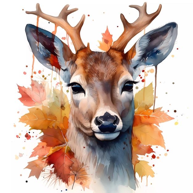 葉に囲まれた鹿の水彩画