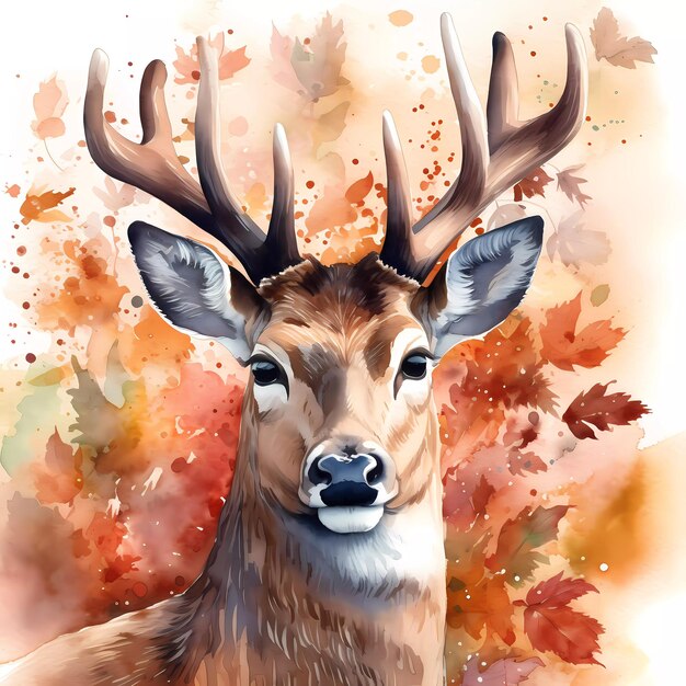 A watercolor painting of a deer surrounded by leaves