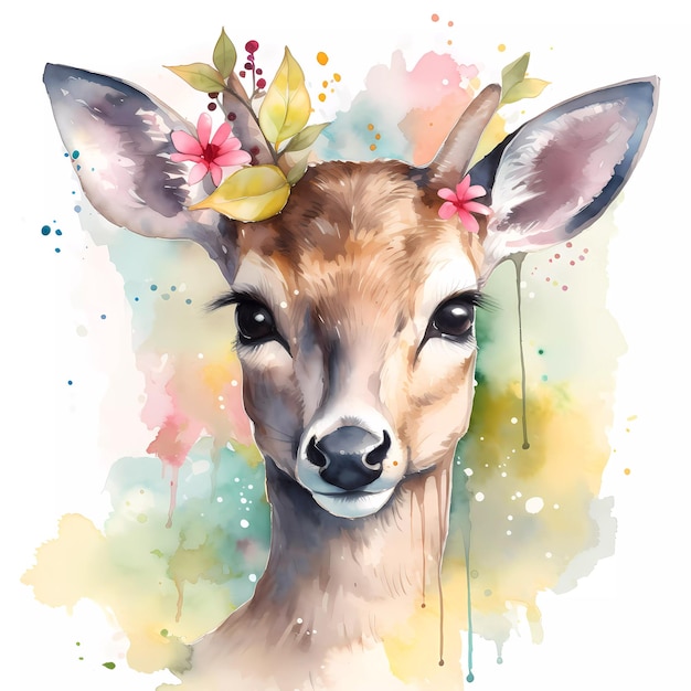 A watercolor painting of a deer surrounded by leaves