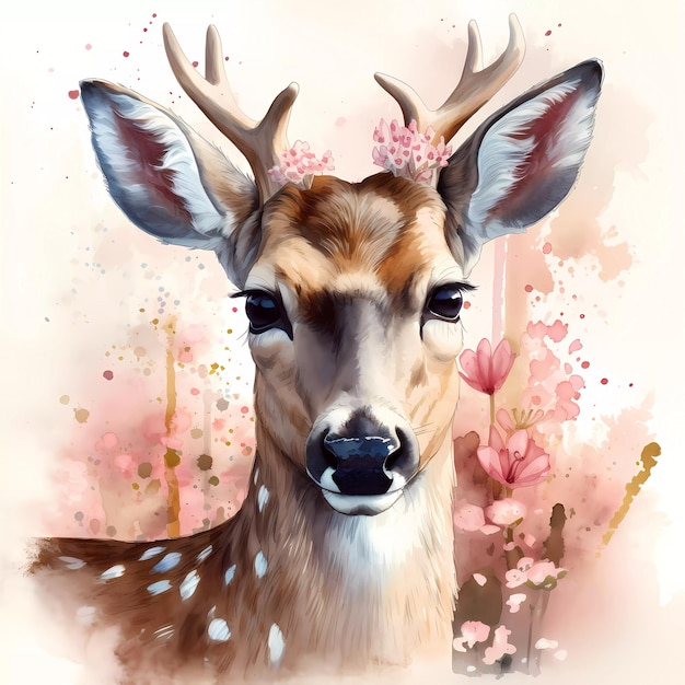 A watercolor painting of a deer surrounded by leaves