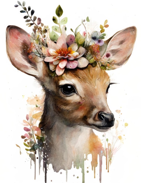 a watercolor painting of a deer with flowers on its head