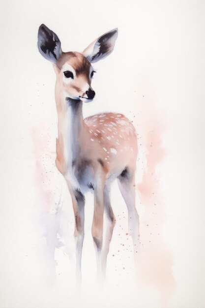 A watercolor painting of a deer with a red and pink background.