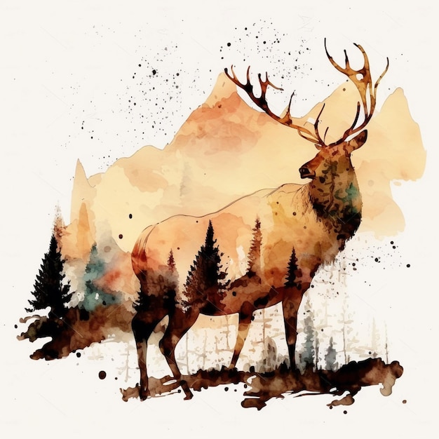 背景に山のシルエットを持つ鹿の水彩画。