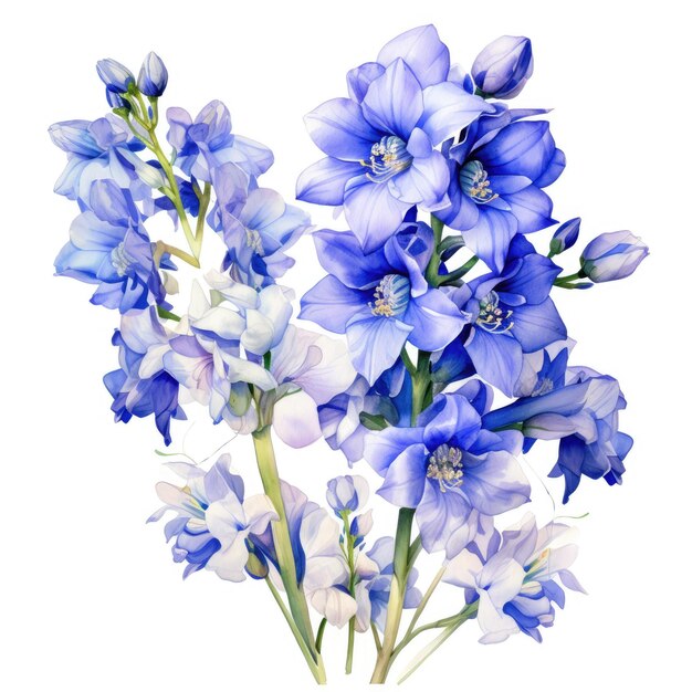 Watercolor painting of delphinium with white background