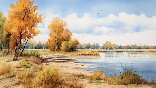 Watercolor painting of desert landscape with dnieper river and trees