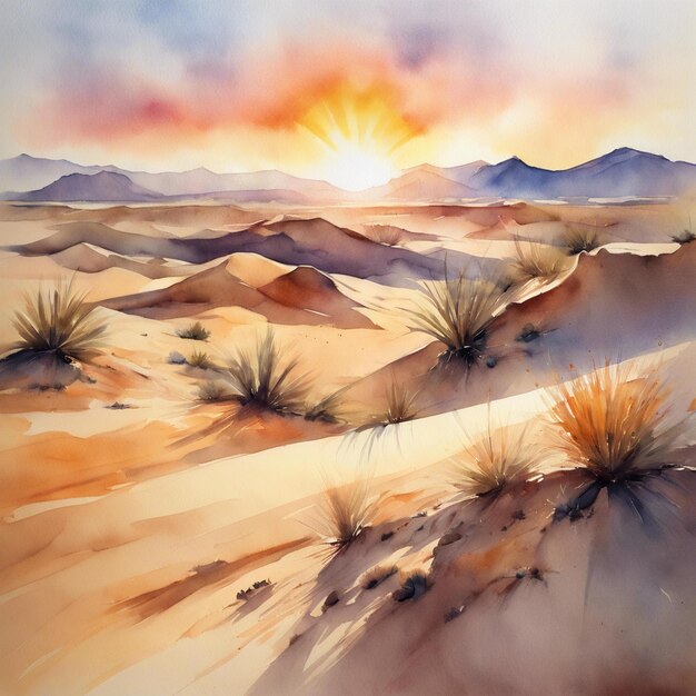 Foto pittura ad acquerello di un paesaggio desertico con dune di sabbia montagne e un sole ardente morbido e d