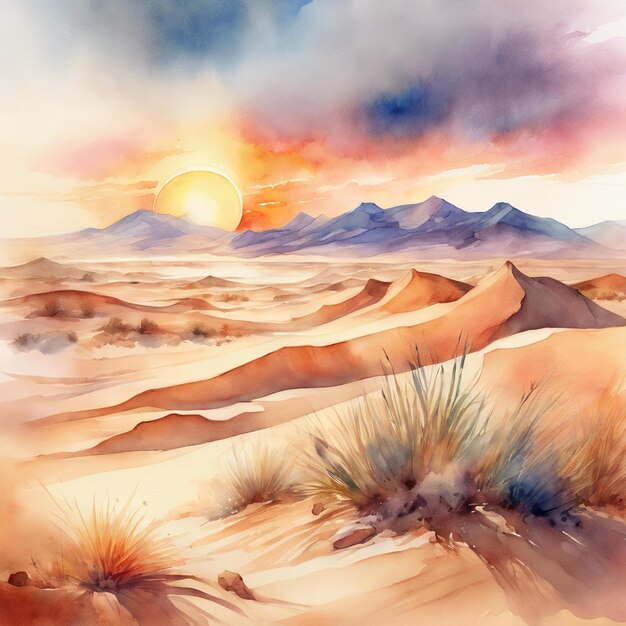 Watercolor painting of a desert landscape with sand dunes mountains and a blazing sun soft and d