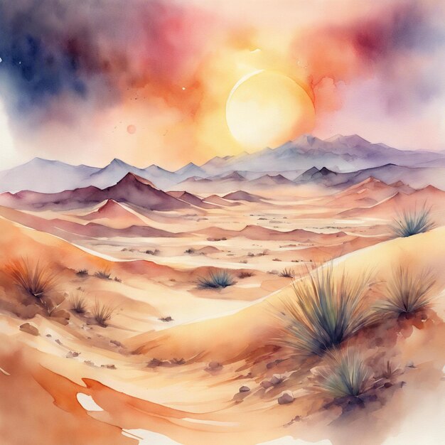 Foto pittura ad acquerello di un paesaggio desertico con dune di sabbia montagne e un sole ardente morbido e d