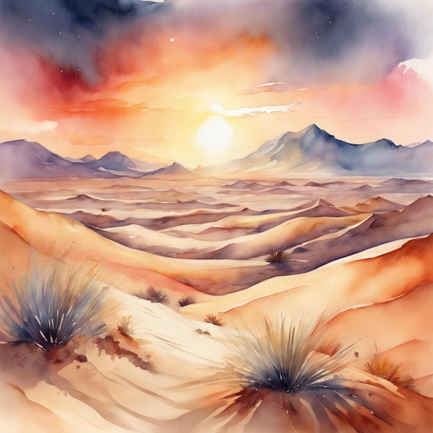 Foto pittura ad acquerello di un paesaggio desertico con dune di sabbia montagne e un sole ardente morbido e d