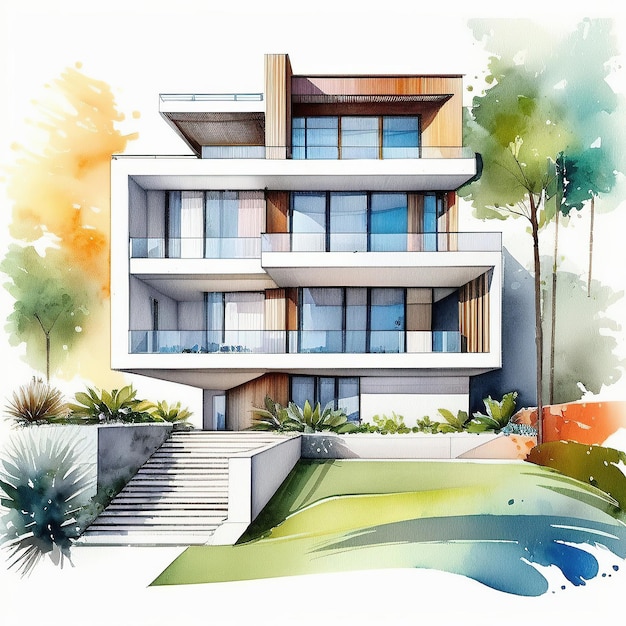 watercolor painting Details sheet minimal style three level modern villa architectural competition