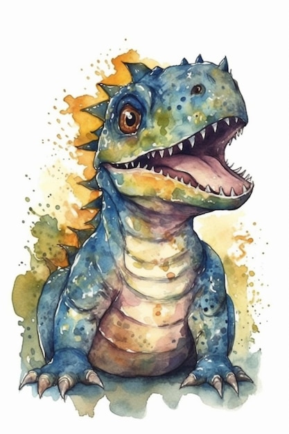 A watercolor painting of a dinosaur with a blue dinosaur on its head.