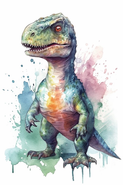 A watercolor painting of a dinosaur with a green and blue color scheme.