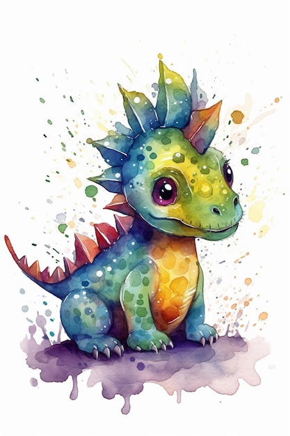 A watercolor painting of a dinosaur with a green and yellow dragon.