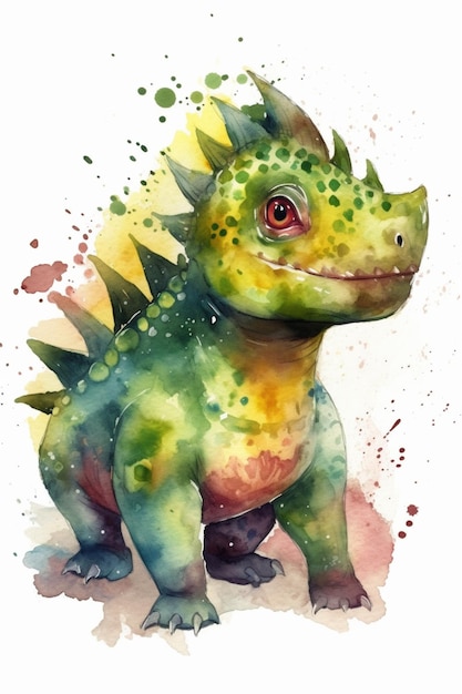 A watercolor painting of a dinosaur with a red eye.