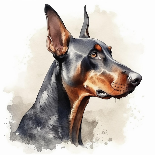 A watercolor painting of a doberman pinscher