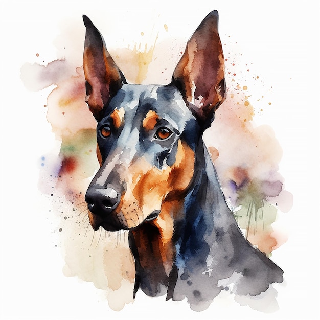 A watercolor painting of a doberman's head