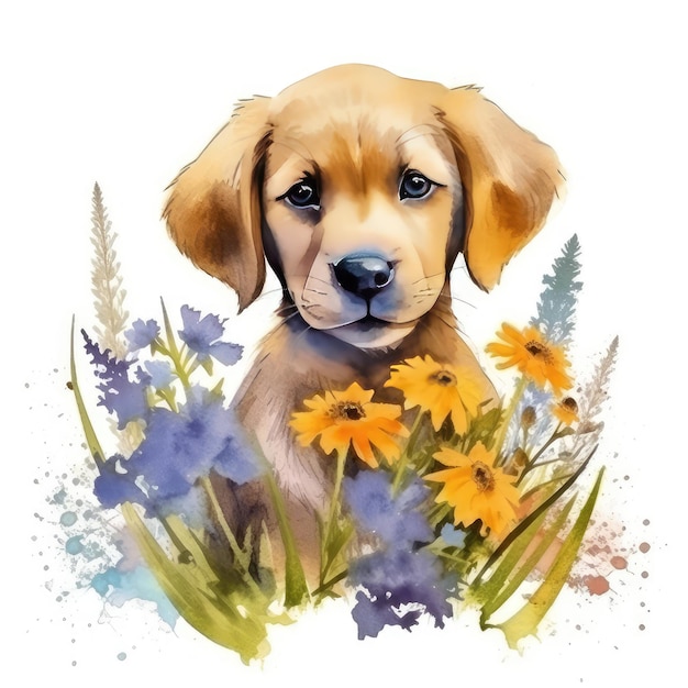 Watercolor painting of a dog in flowers