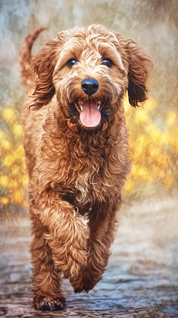 A watercolor painting of a dog running in the fall.