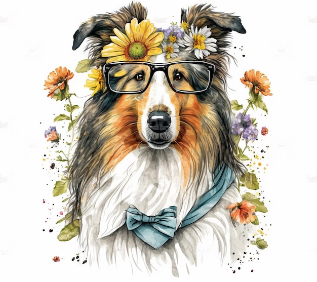 A watercolor painting of a dog wearing a flowery bow tie and glasses.