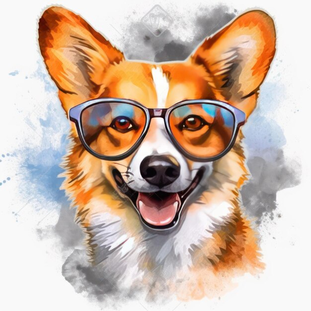 Watercolor painting of a dog wearing glasses