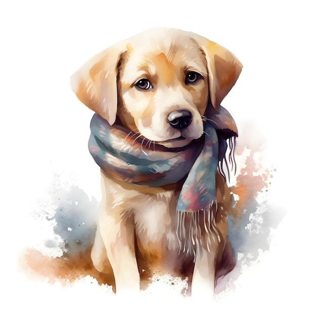 A watercolor painting of a dog wearing a scarf.