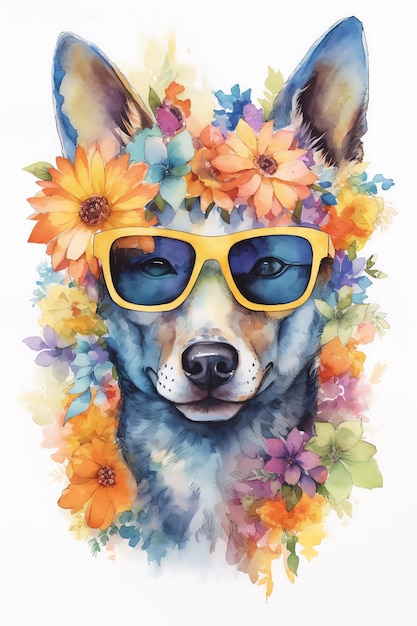 A watercolor painting of a dog wearing sunglasses and a yellow flower crown.