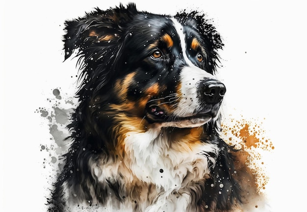 A watercolor painting of a dog with a black and white face.