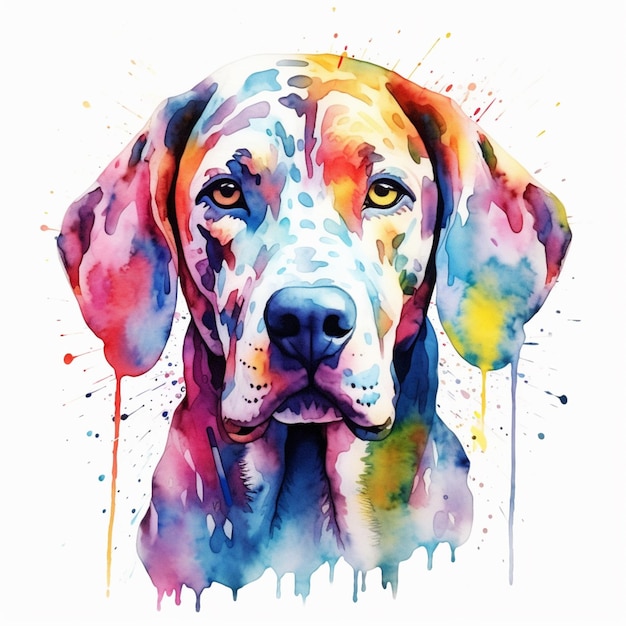 A watercolor painting of a dog with a blue face and yellow eyes.