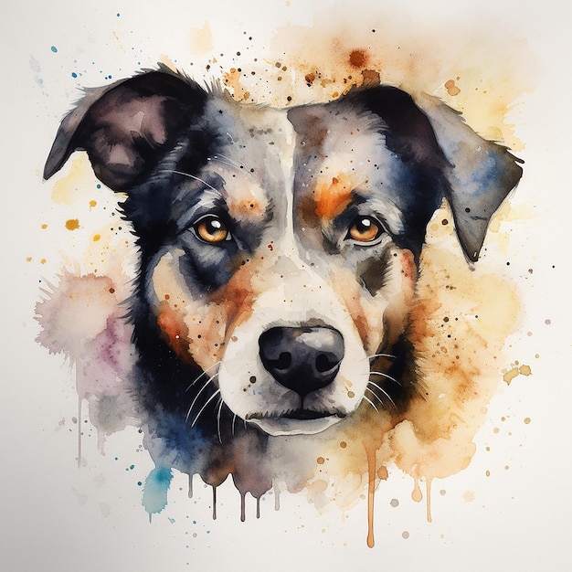 A watercolor painting of a dog with a brown face and black nose