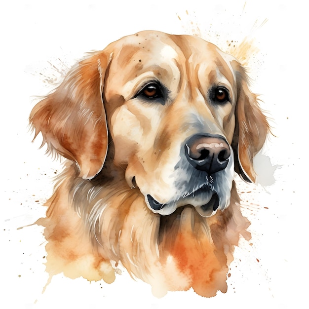 A watercolor painting of a dog with a brown face and a white background.