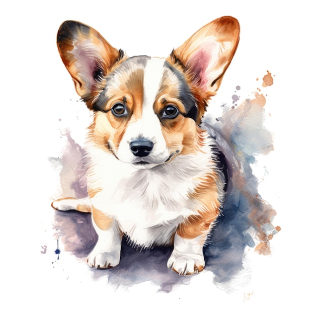 Watercolor painting of a dog with a brown and white coat.