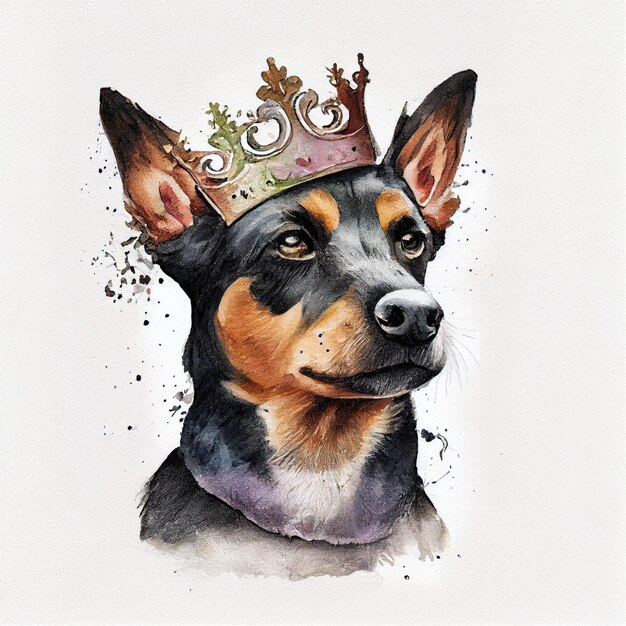 A watercolor painting of a dog with a crown on his head.