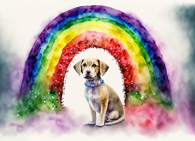 Foto un dipinto ad acquerello di un cane con sopra un arcobaleno