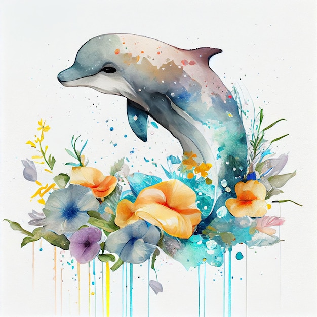 Акварельный рисунок дельфина, выпрыгивающего из цветов.