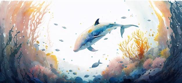 魚やサンゴのある海のシーンに描かれたイルカの水彩画 生成 AI で作成