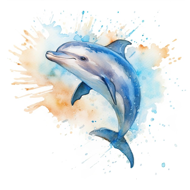 Watercolor painting of dolphin with white background