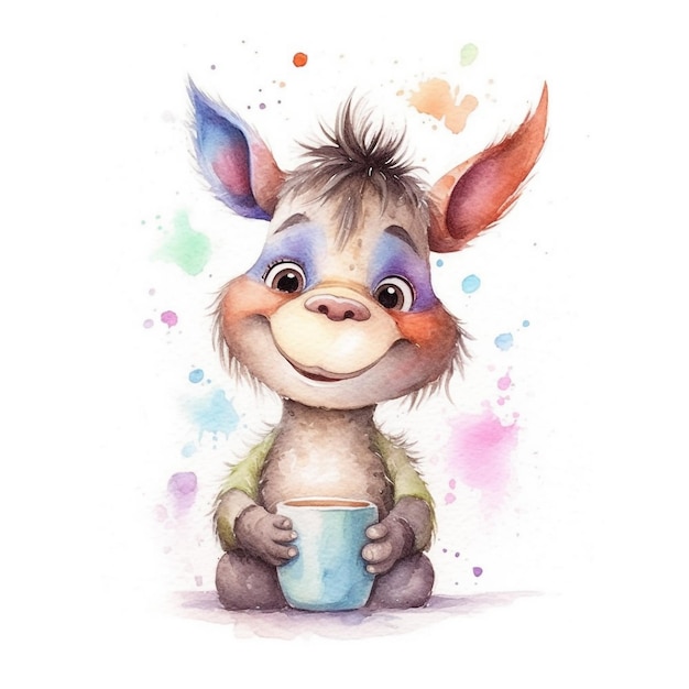 A watercolor painting of a donkey holding a mug.