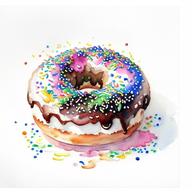 a watercolor painting of a donut with icing and sprinkles on a white background