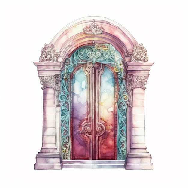 Photo a watercolor painting of a door with a gold and green design.