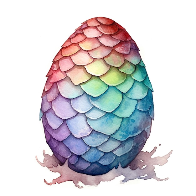 A watercolor painting of a dragon egg with the colors of the rainbow.