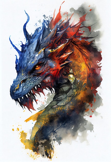 A watercolor painting of a dragon with a blue face and a red and yellow splotch.