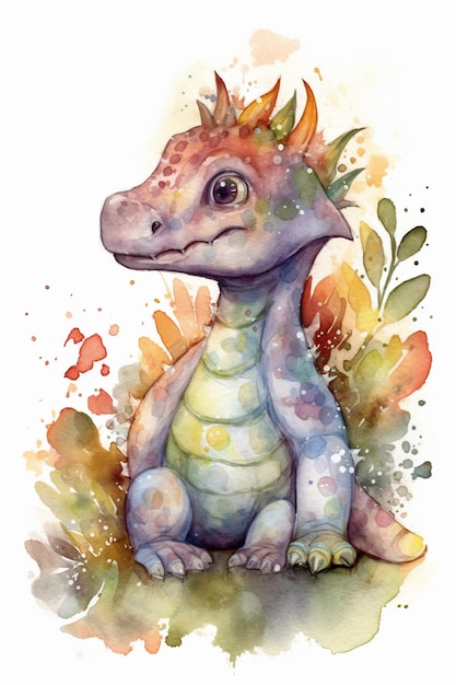 Watercolor painting of a dragon with a green crown and a red head.