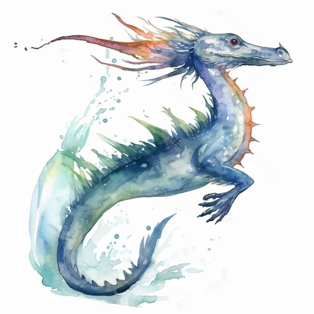 A watercolor painting of a dragon with a tail and tail.