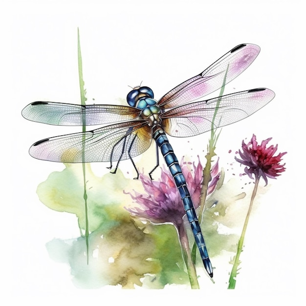 A watercolor painting of a dragonfly on a flower.