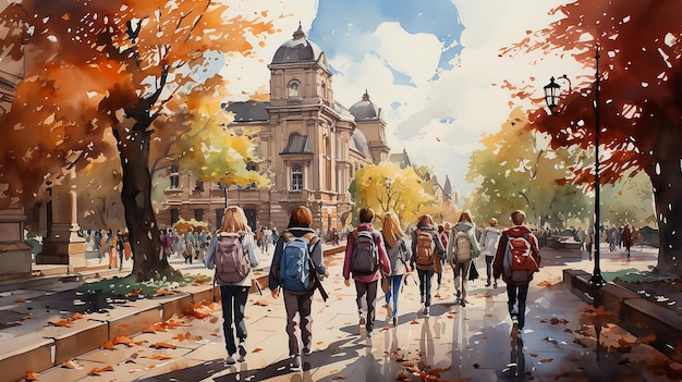 watercolor painting drawing a group of friends school children go back to school view from the back with backpacks