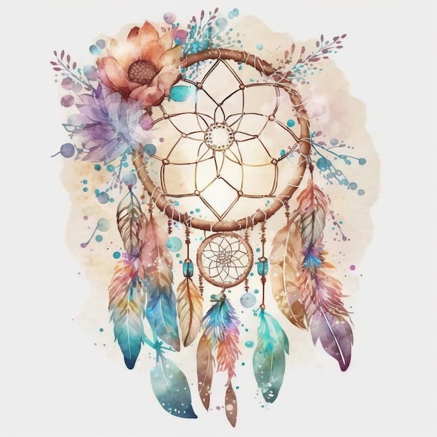 A watercolor painting of a dream catcher with flowers and feathers generative ai