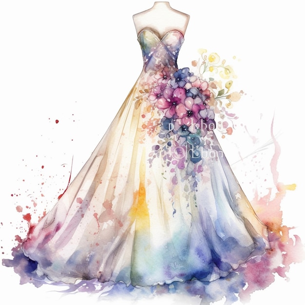 Watercolor painting of a dress with flowers on it.
